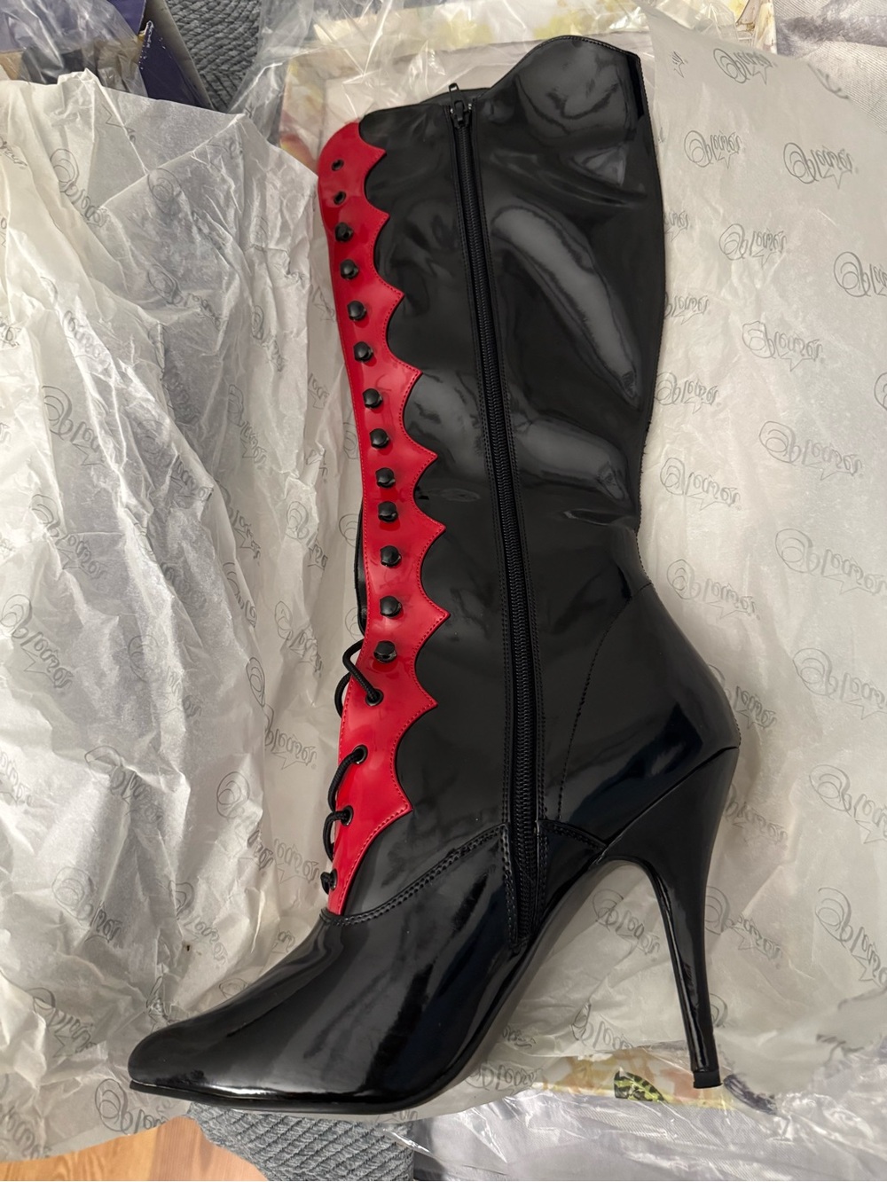 Pleaser Black Patent Stiletto Boot with Red Scalloped Front